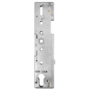 Metal door mortise lock body with keyhole cutout and mounting holes on a vertical rectangular plate