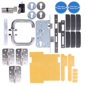 Assorted door hardware kit: deadbolt and latch, keys, strike plates, hinges, mounting plates, fire-door keep-shut discs, and yellow mounting pads.