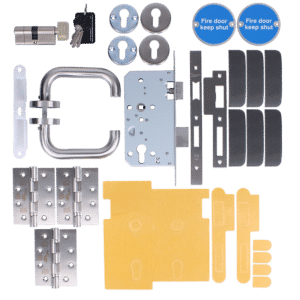 Complete door lock hardware kit: U-shaped handle, mortise lock, latch plates, hinges, strike plates, keys, and yellow mounting templates.