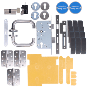 Comprehensive door lock kit including deadbolt, strike plates, hinges, keys, and blue fire-door keep caps for installation and security.