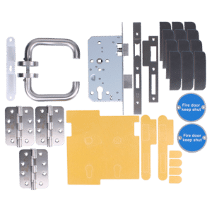 Comprehensive door hardware kit with lock body, hinges, plates, handle, and keep-shut discs laid out on a white background, ready for installation.