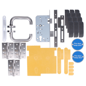 Complete fire-door hardware kit with hinges, strike plates, lock mechanism, and two blue 'Fire door keep shut' indicators, plus yellow mounting templates.