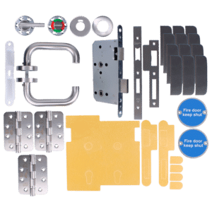 Complete door lock hardware kit laid out: handle, latch, hinges, strike plates, plates, and blue 'Fire door keep shut' signs on a black background; for installation reference.