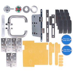 Assorted door hardware kit with locks, handles, hinges, strike plates, and ‘Fire door keep shut’ signs.