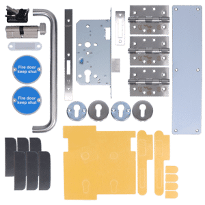 Complete fire door hardware set with lock mechanism, hinges, strike plates, and 'Fire door keep shut' labels laid out on a white background.