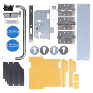 Full door lock hardware kit laid out: latch, strike plates, hinges, blue 'Fire door keep shut' discs, mounting plates, templates, and spacers.