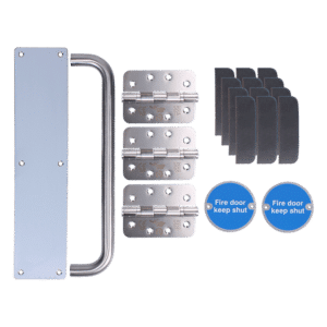 Door hardware kit including a metal handle, multiple hinge plates, spacers, and two blue 'Fire door keep shut' discs for a security door system
