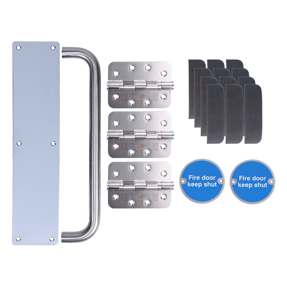 L38353_1 - Ironmongery Warehouse Door hardware kit including a metal handle, multiple hinge plates, spacers, and two blue 'Fire door keep shut' discs for a security door system