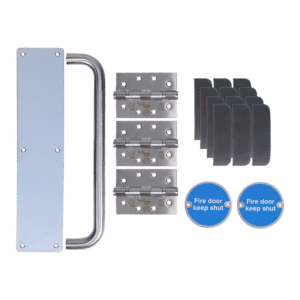 Fire door hardware kit with a U-shaped pull handle, four metal hinges, black spacers, and two blue 'Fire door keep shut' signs.