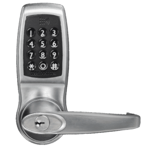 Electronic door lock with a black numeric keypad and silver lever handle on a metal finish