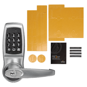 Electronic keypad door lock with handle and installation kit laid out (templates, instruction booklet, and adapters) for secure entry access system
