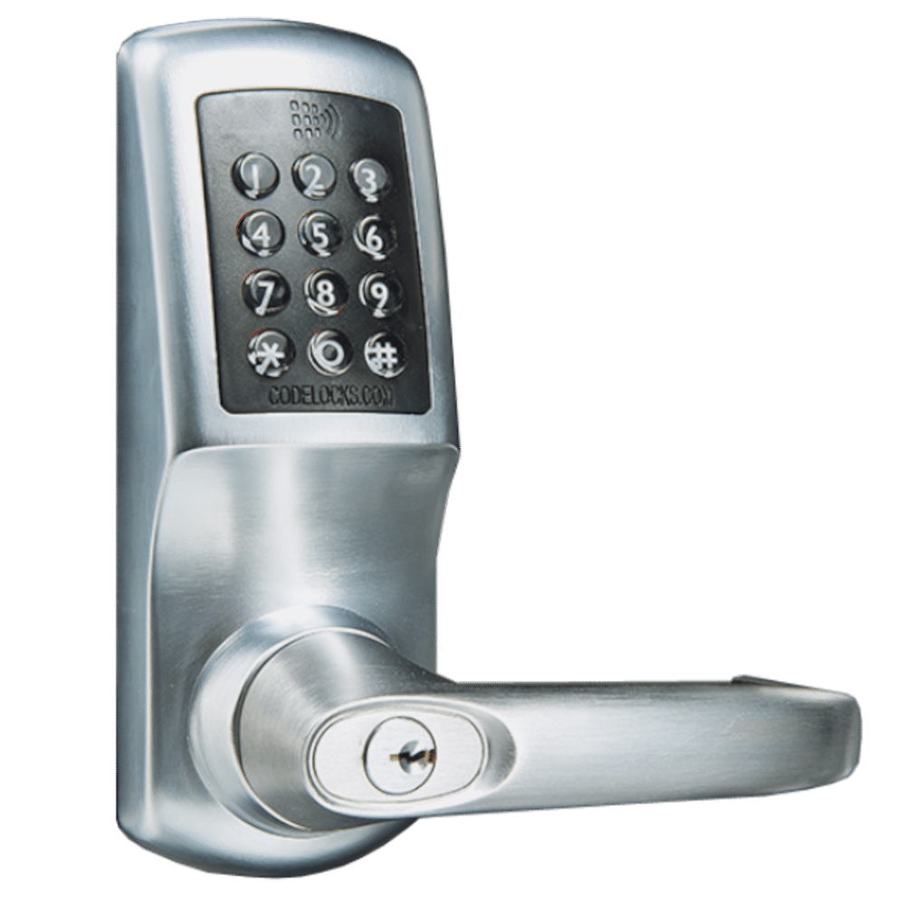 L38726_1 - Ironmongery Warehouse Keyless entry door lock with a numeric keypad and lever handle on a silver finish.