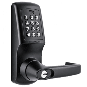 Black electronic door lock with a numeric keypad and lever handle, shown from a side angle on a dark background