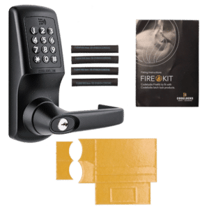 Keypad deadbolt door lock with lever handle, plus four screws, a user manual, and a yellow installation template set.