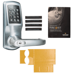 Electronic door lock with keypad and lever handle, plus installation components and carrying case (Codelock FireKit) shown with manuals and packing pieces.