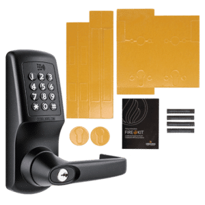 Black electronic door lock with numeric keypad and handle, shown with installation kit pieces and yellow mounting templates.