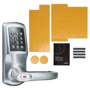 Electronic door lock keypad with installation kit: mounting plates, screws, and instruction booklet.