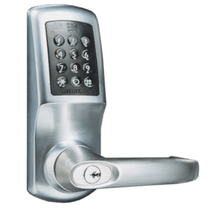 Silver door lock with a numeric keypad and lever handle for keyless entry.