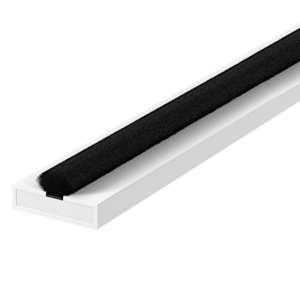 L38740_1 - Ironmongery Warehouse White rectangular plastic channel with a dense black brush seal along its length, a weatherstrip for doors/windows.