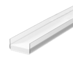 White linear LED light fixture with an aluminum housing and diffusing cover, viewed at an angle
