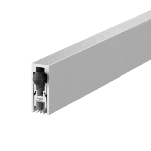 Aluminum door track with a roller trolley inside, used for sliding doors or panels