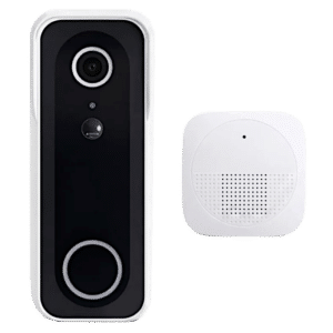 Video doorbell with front-facing camera and round doorbell button, shown beside a white square indoor chime with a perforated grille