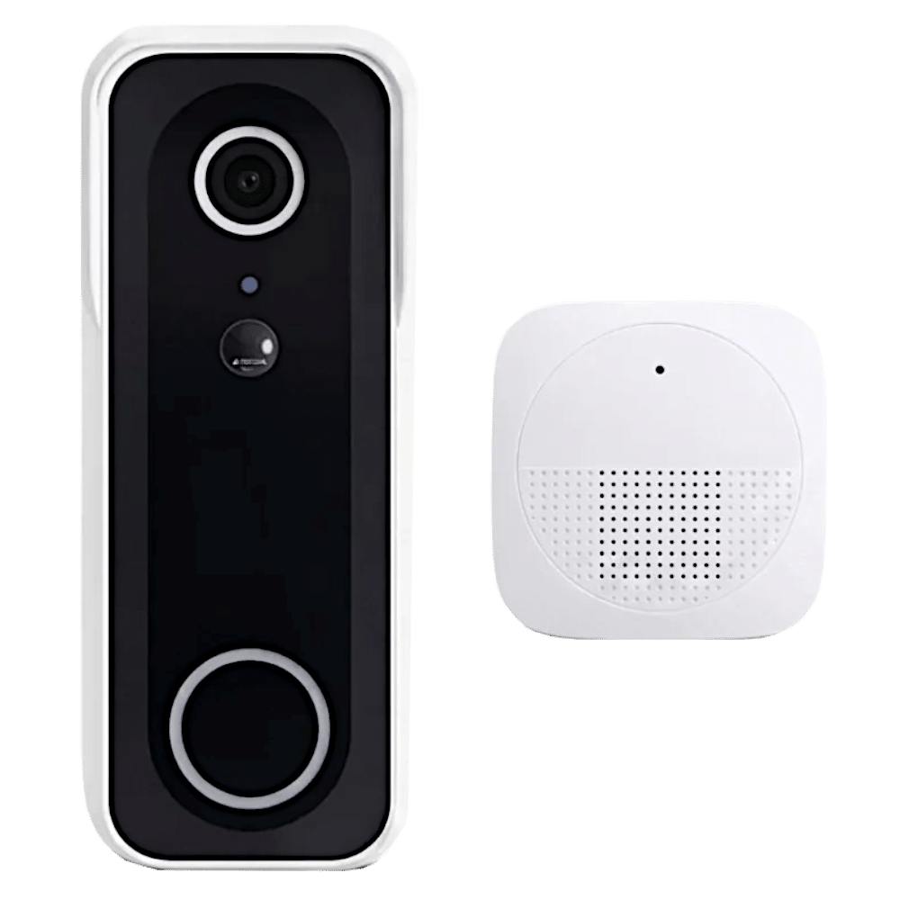 L38764_1 - Ironmongery Warehouse Video doorbell with front-facing camera and round doorbell button, shown beside a white square indoor chime with a perforated grille