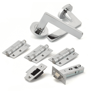 Chrome door lever handle with mounting plates and multiple hinges, plus latch and strike plate set for installation.