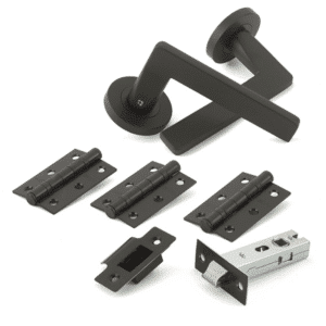 Black door hardware kit including a modern lever handle, three hinge sets, a strike plate, and a latch mechanism.