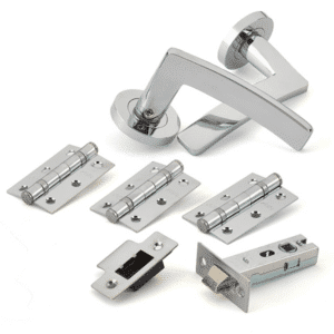 Chrome door lever handle with round rosette and matching latch components laid out with three hinges and strike plates for installation.