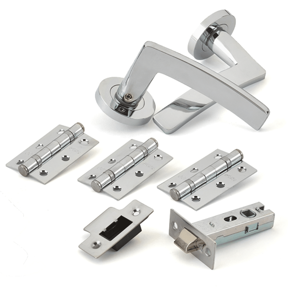 L38828_1 - Ironmongery Warehouse Chrome door lever handle with round rosette and matching latch components laid out with three hinges and strike plates for installation.