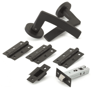 Door hardware set including a black lever handle, three hinges, a latch bolt, strike plate, and mounting brackets for interior door installation