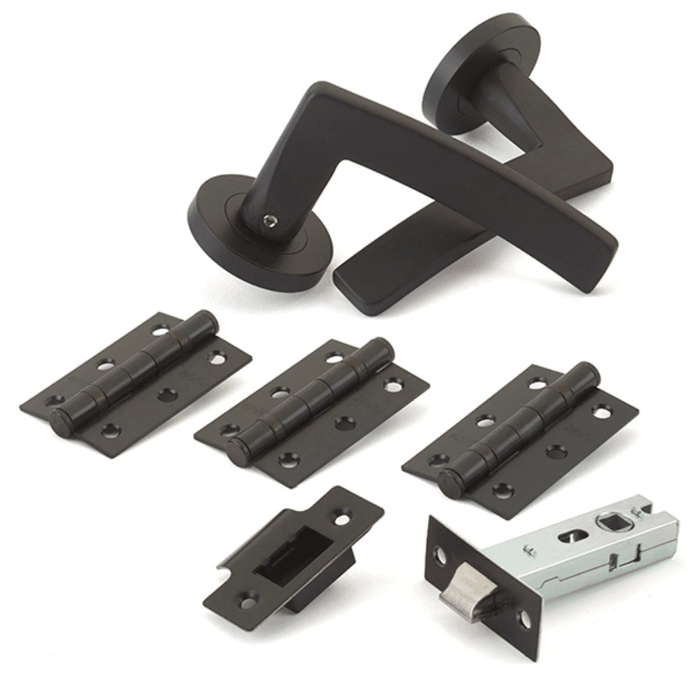 L38829_1 - Ironmongery Warehouse Door hardware set including a black lever handle, three hinges, a latch bolt, strike plate, and mounting brackets for interior door installation