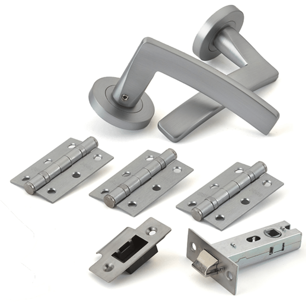 L38831_1 - Ironmongery Warehouse Door hardware kit including a lever handle, three hinges, a latch strike plate, and a mortise lock body for a door.